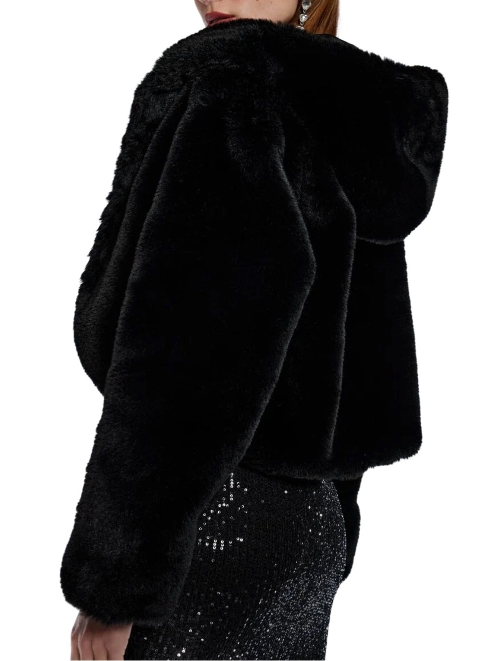 Black Faux Fur Hooded Jacket Coat Women’s Plush Soft Zip Front Y2K Glam - Picture 3 of 5